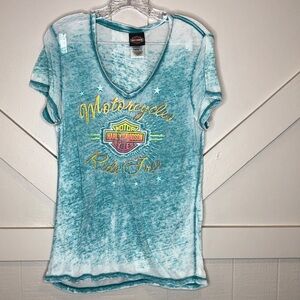Harley-Davidson Burn Out Sheer Women Wild Fire Short Sleeve V Neck Tee Ride Free